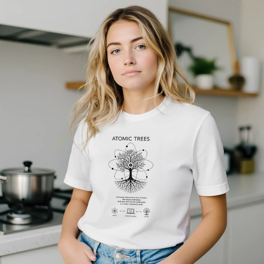 Unisex cotton T-shirt with computer science and nature connection print, featuring colorful design on a light background.