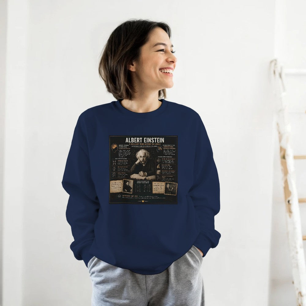 Unisex sweatshirt featuring Albert Einstein mental disorders graphic, made with print material, showcasing a creative and artistic design.