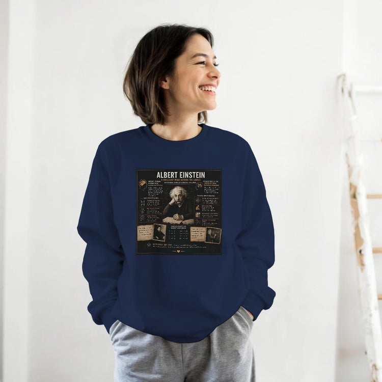 Unisex sweatshirt featuring Albert Einstein mental disorders graphic, made with print material, showcasing a creative and artistic design.