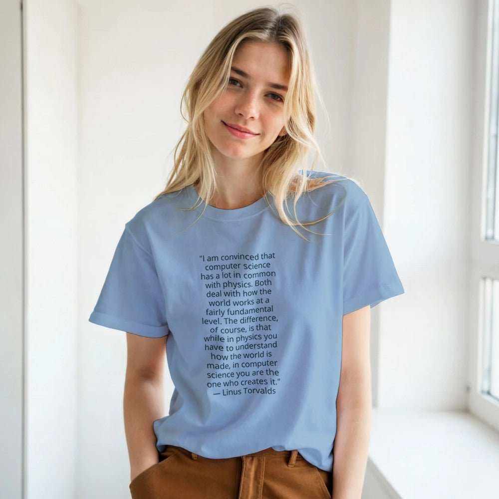 Linus Torvalds Computer Science Quote Premium Cotton T-ShirtCelebrate the philosophy of programming with this premium t-shirt featuring an iconic quote by Linus Torvalds: "I am convinced that computer science has a lot in comPrint MaterialKawaii Therapy ShopKawaii Therapy Shopcamicia premium cotone
