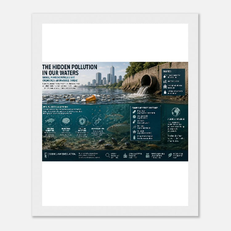 Framed water pollution poster with wooden magnetic hanger, fine art print by Kawaii Therapy Shop, highlighting environmental issues.