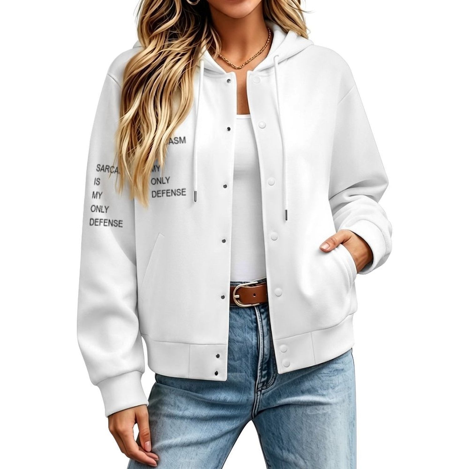 Sarcasm Is My Only Defence unisex hooded baseball jacket with bold graphic print