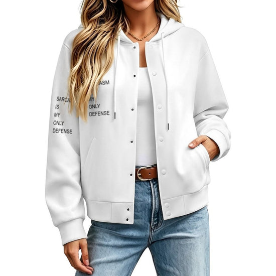 Sarcasm Is My Only Defence unisex hooded baseball jacket with bold graphic print
