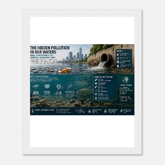 Kawaii Therapy Shop framed poster of "The Hidden Pollution in Our Water" print with wooden magnetic hanger, fine art wall decor.