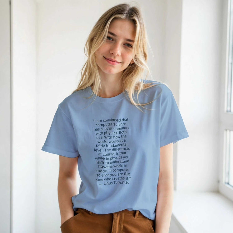 Linus Torvalds Computer Science Quote Premium Cotton T-ShirtCelebrate the philosophy of programming with this premium t-shirt featuring an iconic quote by Linus Torvalds: "I am convinced that computer science has a lot in comPrint MaterialKawaii Therapy ShopKawaii Therapy Shopcamicia premium cotone