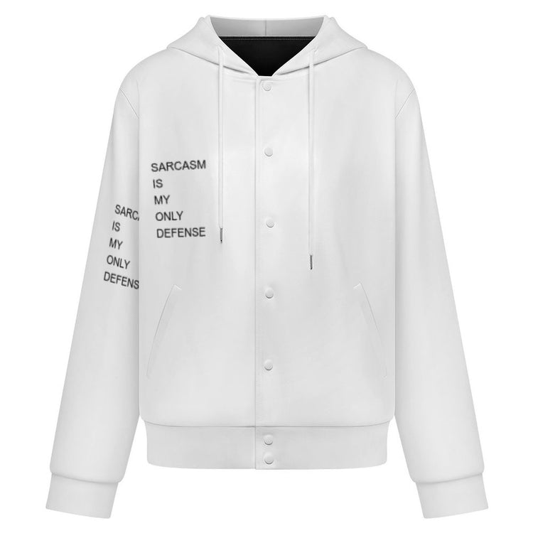 Sarcasm Is My Only Defence unisex hooded baseball jacket with bold graphic print