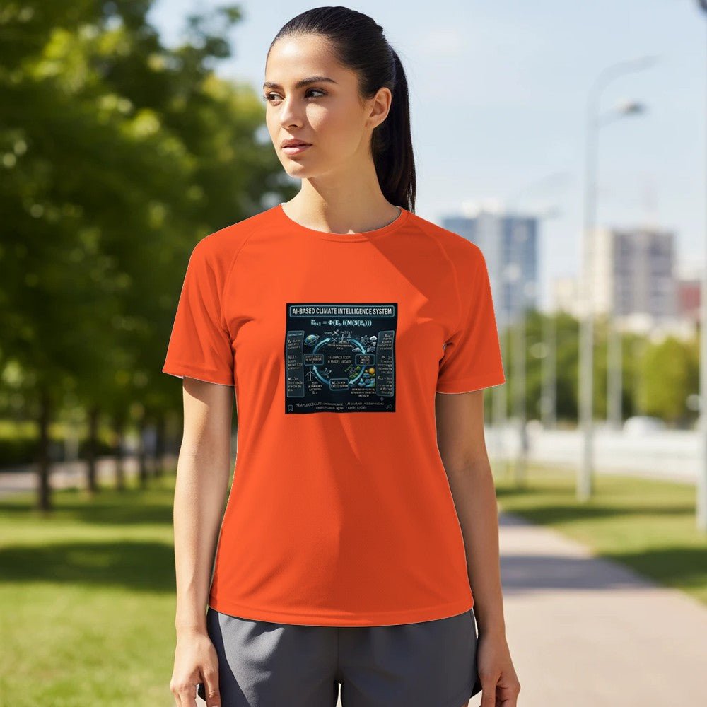 Unisex AI Climate Intelligence System Performance sports shirt with vibrant print material by Kawaii Therapy Shop.