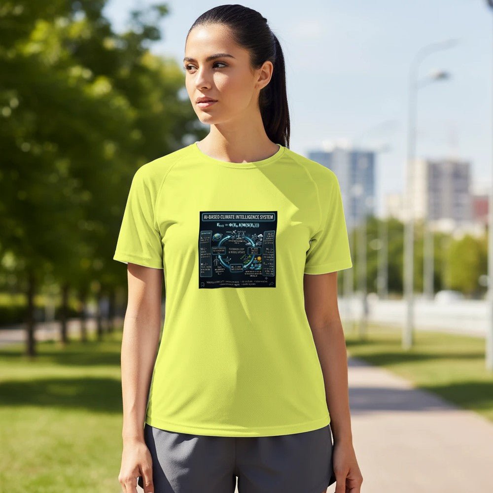 Unisex AI Climate Intelligence System Performance sports shirt with vibrant print material by Kawaii Therapy Shop.
