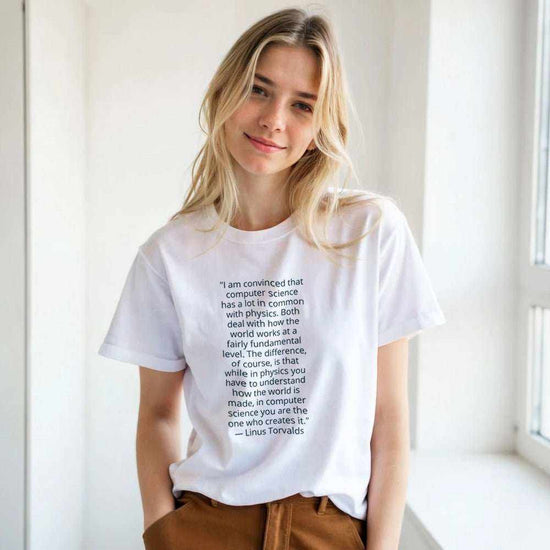 Linus Torvalds Computer Science Quote Premium Cotton T-ShirtCelebrate the philosophy of programming with this premium t-shirt featuring an iconic quote by Linus Torvalds: "I am convinced that computer science has a lot in comPrint MaterialKawaii Therapy ShopKawaii Therapy Shopcamicia premium cotone