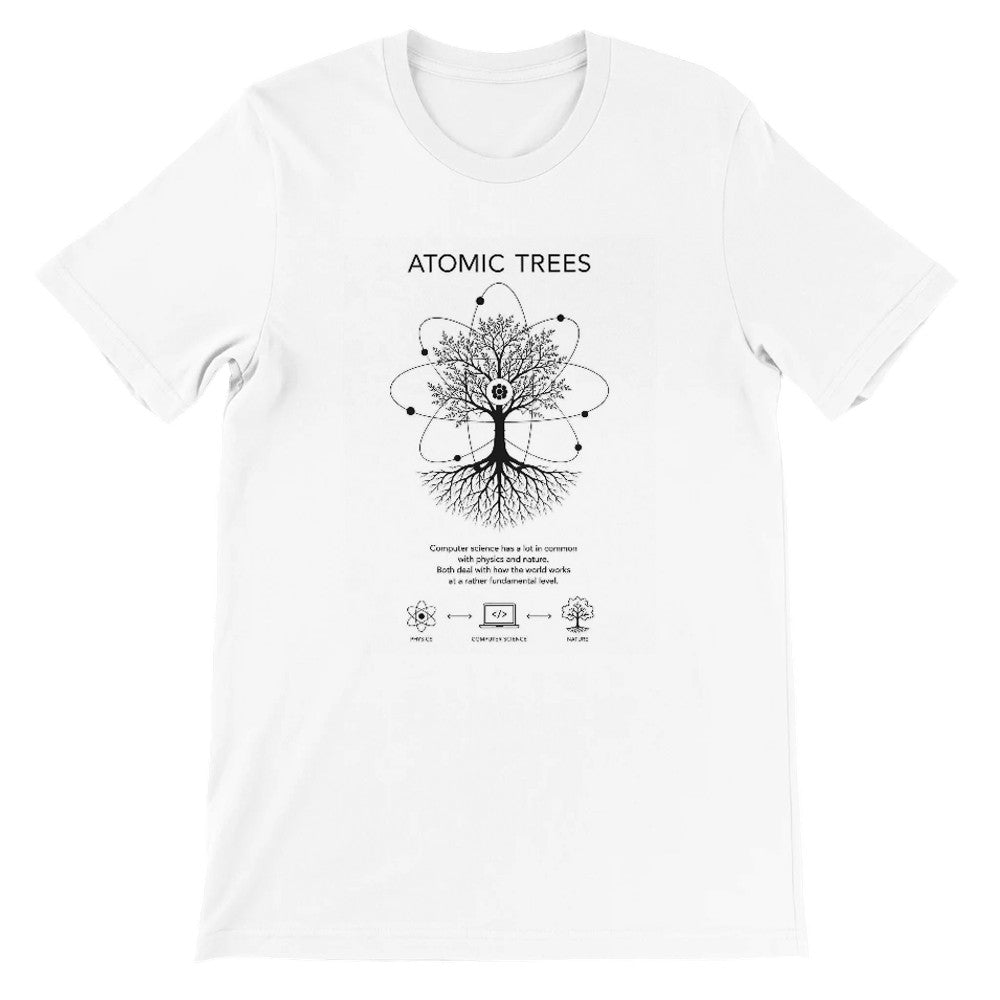 Unisex cotton T-shirt with a computer science nature connection print, featuring atoms design in vibrant colors.