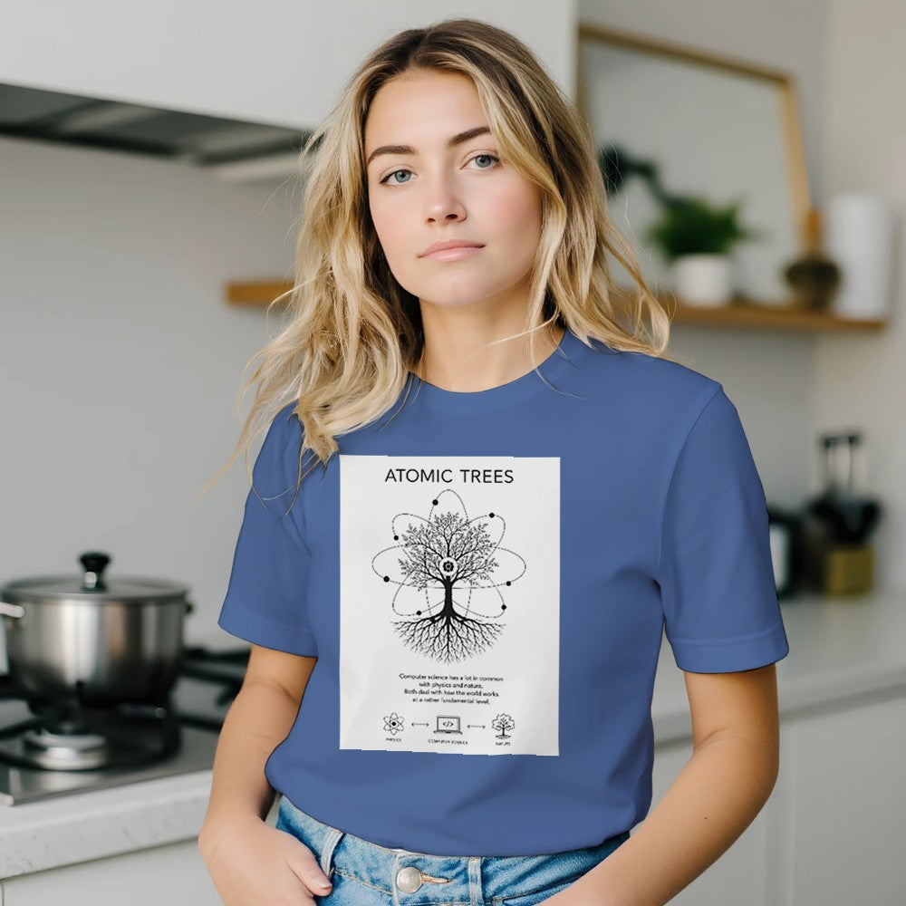 Unisex cotton T-shirt with Atoms Computer Science Nature Connection print, featuring a colorful scientific and nature-themed design.