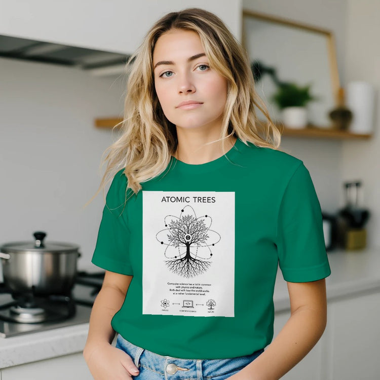 Unisex cotton T-shirt with Atoms Computer Science Nature Connection print, featuring colorful scientific and nature-inspired design.
