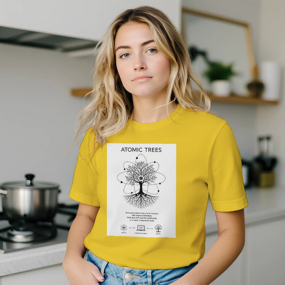Unisex cotton T-shirt with Atoms Computer Science Nature Connection print, featuring colorful scientific and nature-inspired design.