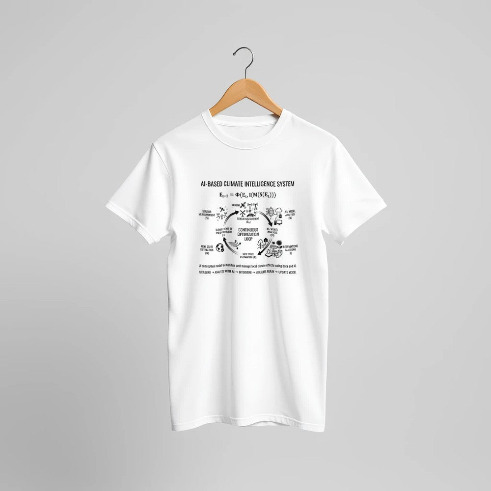 Unisex T-shirt with AI-Based Climate Intelligence System print, made from high-quality material, featuring a modern design.