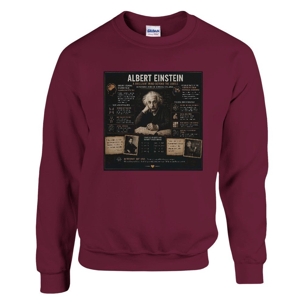 Unisex sweatshirt featuring a graphic of Albert Einstein with mental disorders, made from comfortable print material.