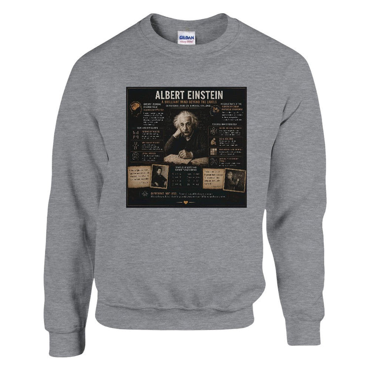 Unisex sweatshirt with Albert Einstein mental disorders graphic print, featuring colorful, artistic design on soft fabric.