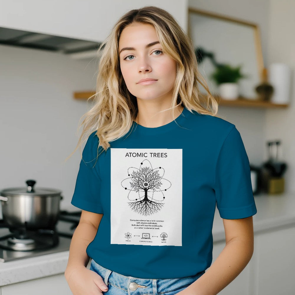 Unisex cotton T-shirt with computer science and nature-themed print, featuring atoms and natural elements, by Kawaii Therapy Shop.