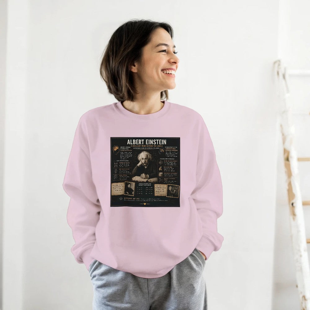 Unisex sweatshirt with Albert Einstein mental disorders graphic print, featuring colorful cartoon-style illustrations on soft fabric.