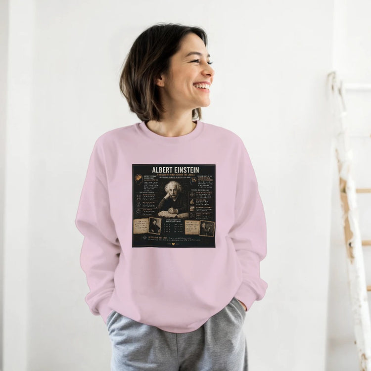 Unisex sweatshirt with Albert Einstein mental disorders graphic print, featuring colorful cartoon-style illustrations on soft fabric.