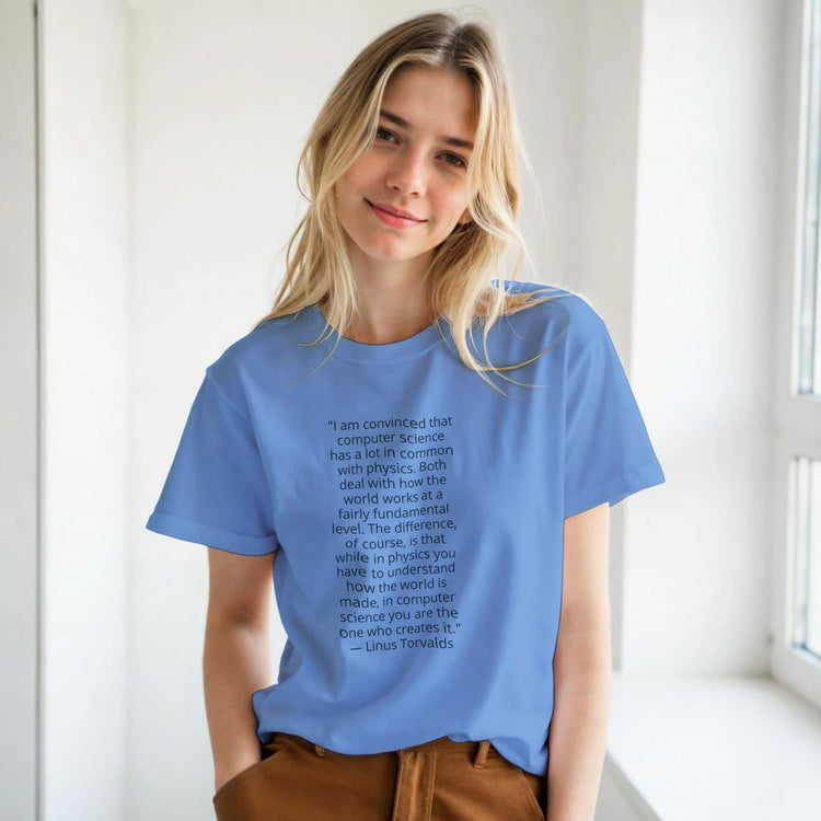 Linus Torvalds Computer Science Quote Premium Cotton T-ShirtCelebrate the philosophy of programming with this premium t-shirt featuring an iconic quote by Linus Torvalds: "I am convinced that computer science has a lot in comPrint MaterialKawaii Therapy ShopKawaii Therapy Shopcamicia premium cotone