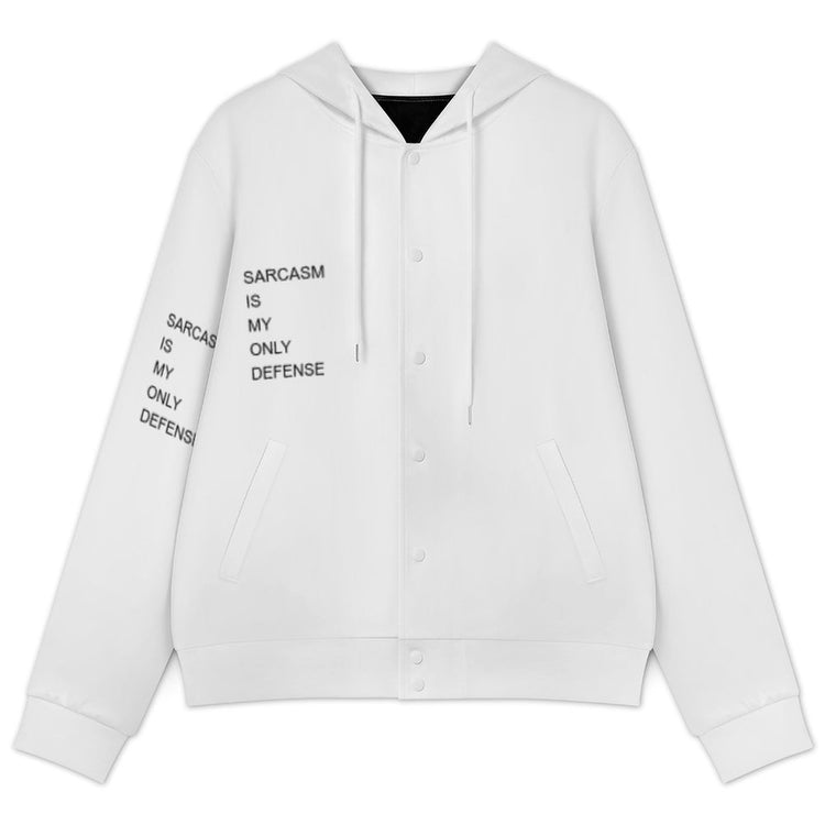 Sarcasm Is My Only Defence unisex hooded baseball jacket with bold graphic print