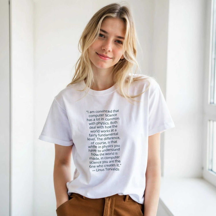 Linus Torvalds Computer Science Quote Premium Cotton T-ShirtCelebrate the philosophy of programming with this premium t-shirt featuring an iconic quote by Linus Torvalds: "I am convinced that computer science has a lot in comPrint MaterialKawaii Therapy ShopKawaii Therapy Shopcamicia premium cotone