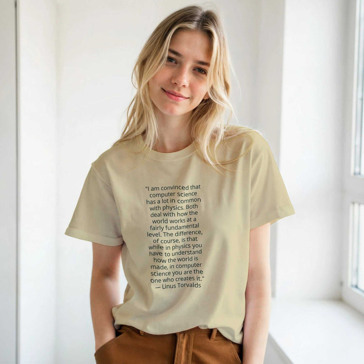 Linus Torvalds Computer Science Quote Premium Cotton T-ShirtCelebrate the philosophy of programming with this premium t-shirt featuring an iconic quote by Linus Torvalds: "I am convinced that computer science has a lot in comPrint MaterialKawaii Therapy ShopKawaii Therapy Shopcamicia premium cotone