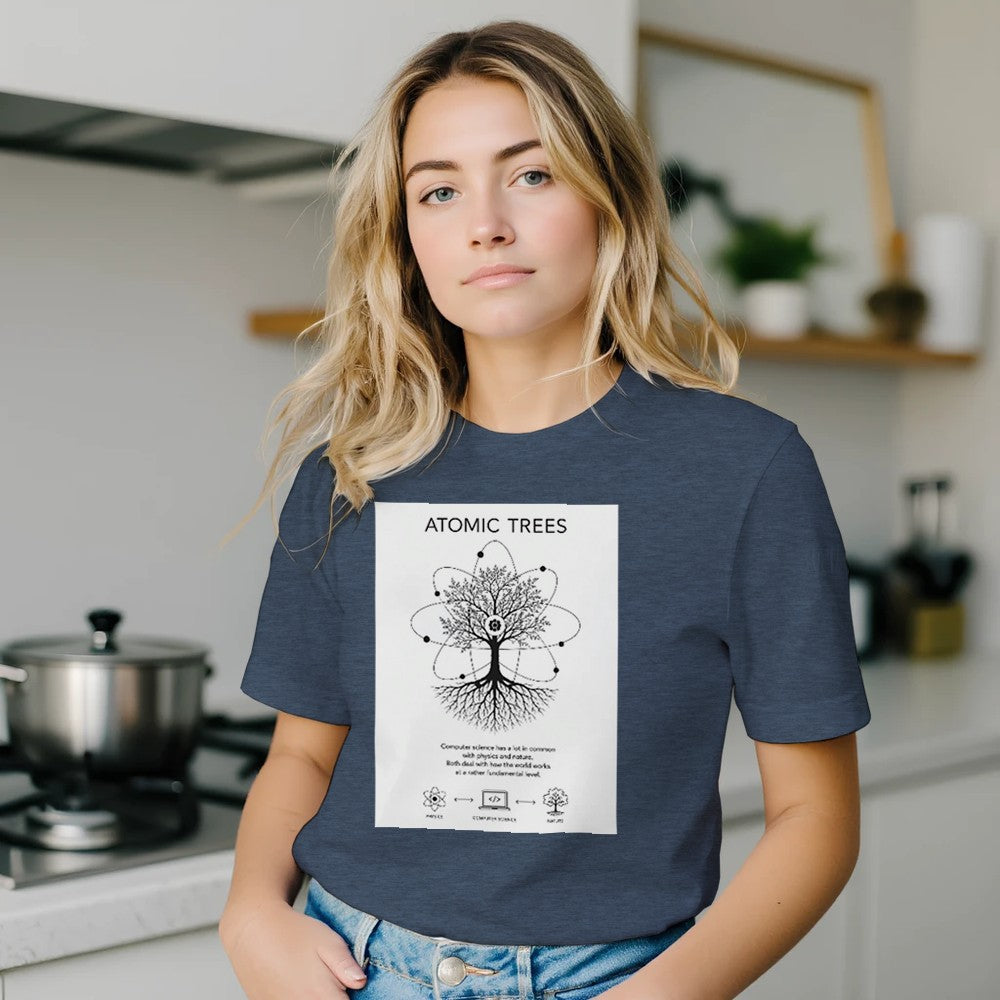 Unisex cotton T-shirt with Atoms Computer Science Nature Connection print, featuring colorful scientific and nature-inspired design