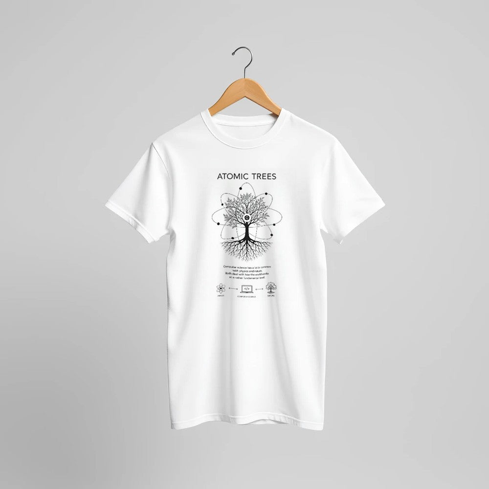 Unisex cotton T-shirt with atoms and nature connection print, featuring computer science design by Kawaii Therapy Shop.