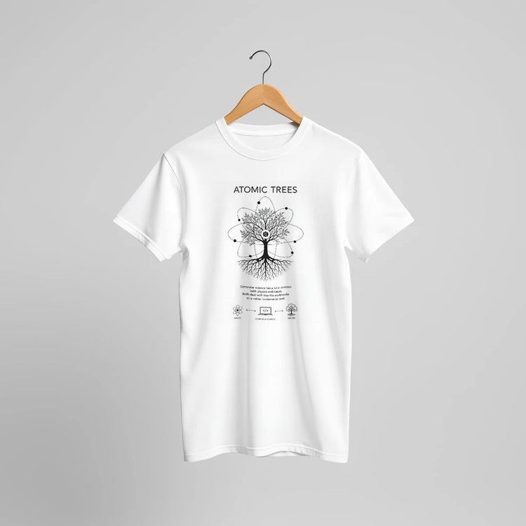 Unisex cotton T-shirt with atoms and nature connection print, featuring computer science design by Kawaii Therapy Shop.