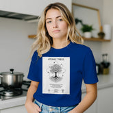 Unisex cotton T-shirt featuring atoms and nature print, designed by Kawaii Therapy Shop, showcasing a colorful science-inspired graphic.