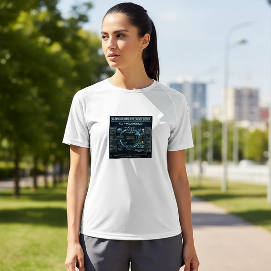 Unisex AI Climate Intelligence System Performance sports shirt made from print material, featuring vibrant design and breathable fabric.