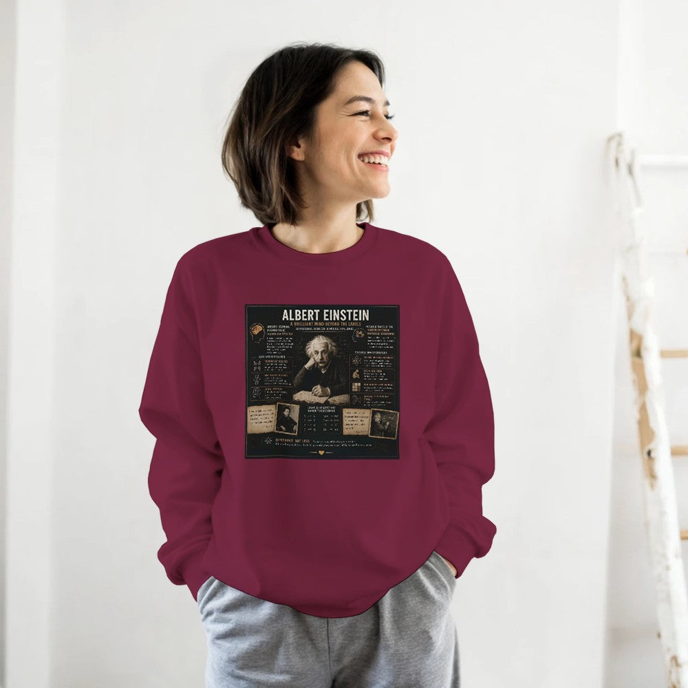 Unisex sweatshirt featuring Albert Einstein mental disorders graphic print, made from soft fabric, in a casual, comfortable style.