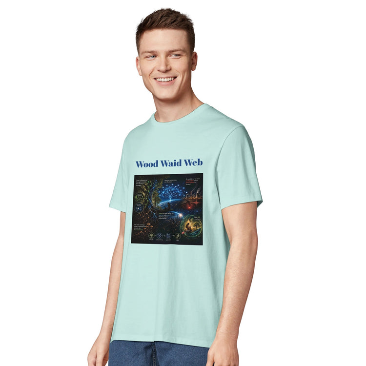 Unisex Wood Waid Web Connection T-Shirt from Kawaii Therapy Shop made of sustainable organic cotton, featuring a printed web design.