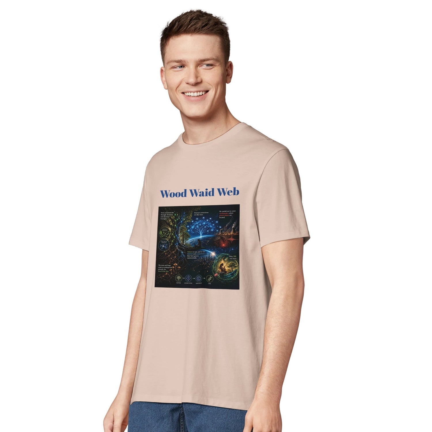 Unisex Wood Waid Web Connection T-Shirt by Kawaii Therapy Shop made of sustainable organic cotton, featuring a printed web design.