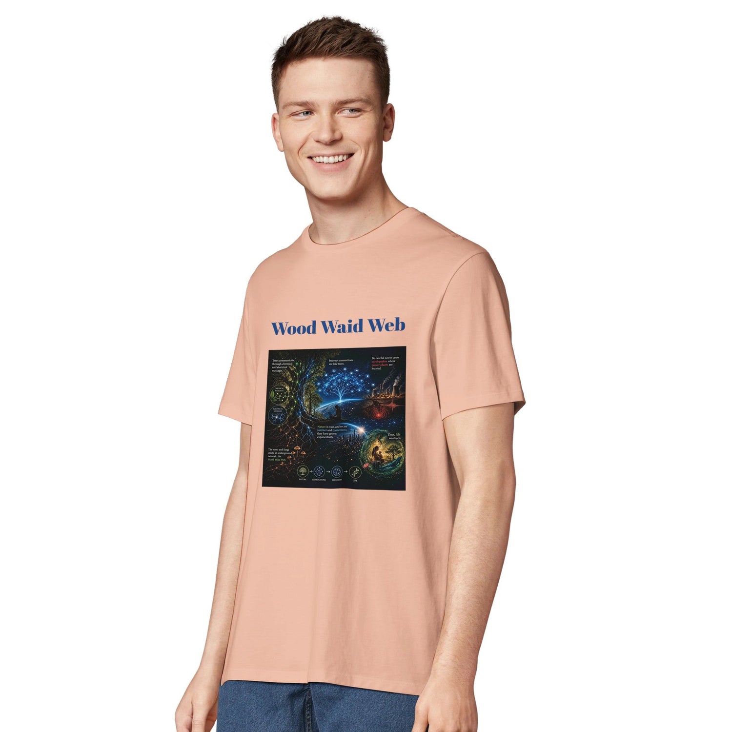 Unisex Wood Waid Web Connection T-shirt made from sustainable organic cotton, featuring a printed design and casual fit.