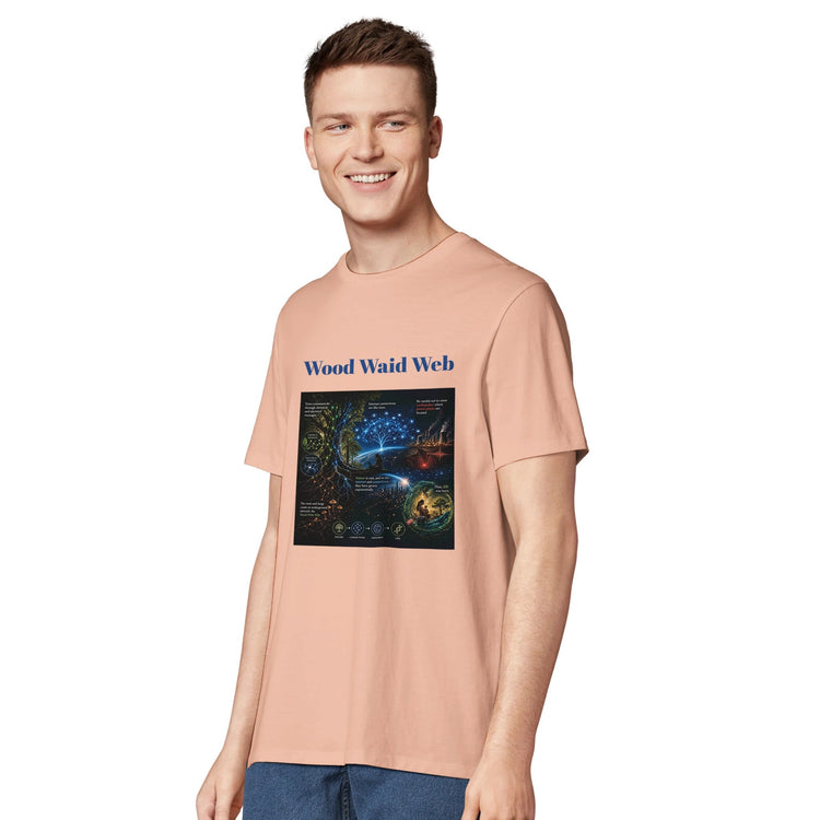 Unisex Wood Waid Web Connection T-shirt made from sustainable organic cotton, featuring a printed design and casual fit.