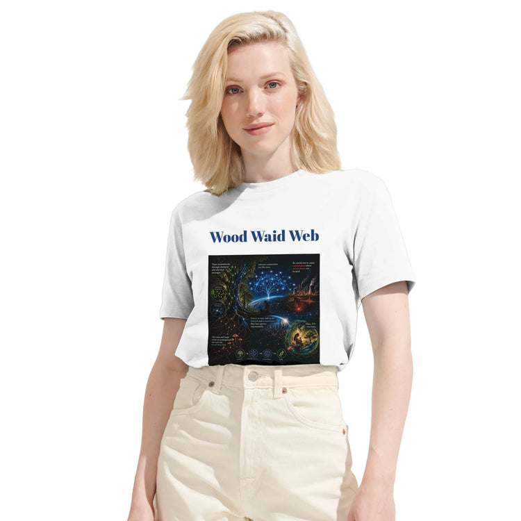 Unisex Wood Waid Web Connection T-Shirt by Kawaii Therapy Shop made from sustainable organic cotton, featuring a printed web design.
