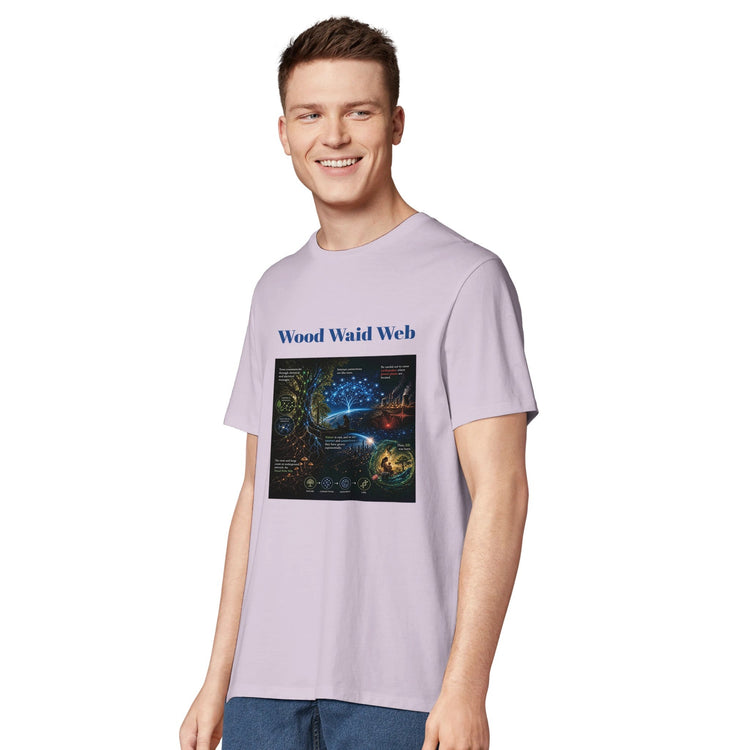 Unisex Wood Waid Web Connection T-Shirt made from sustainable organic cotton, featuring a printed web design.
