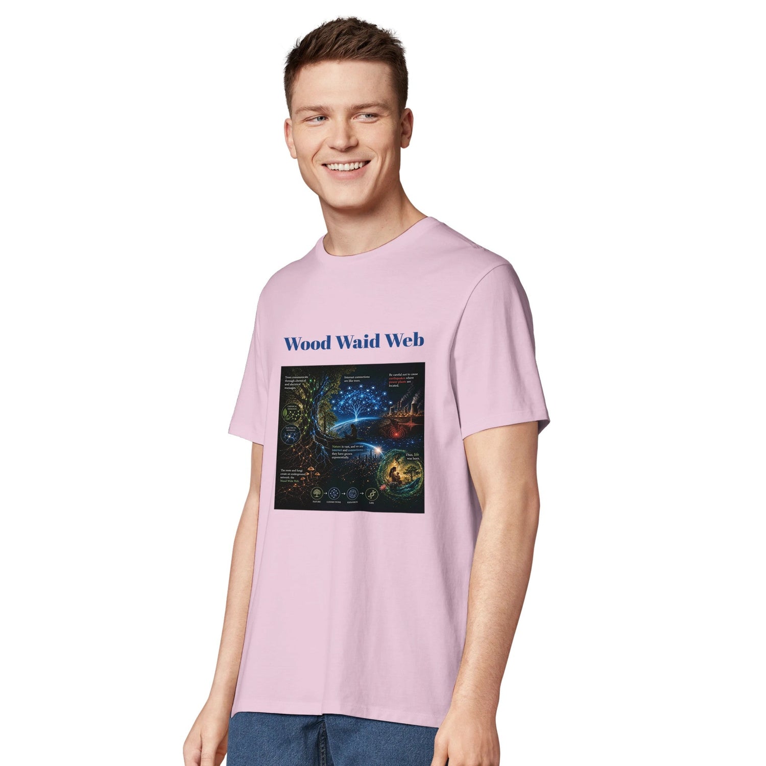 Unisex Wood Waid Web Connection T-Shirt made from sustainable organic cotton, featuring a printed design with natural wood-inspired graphics.