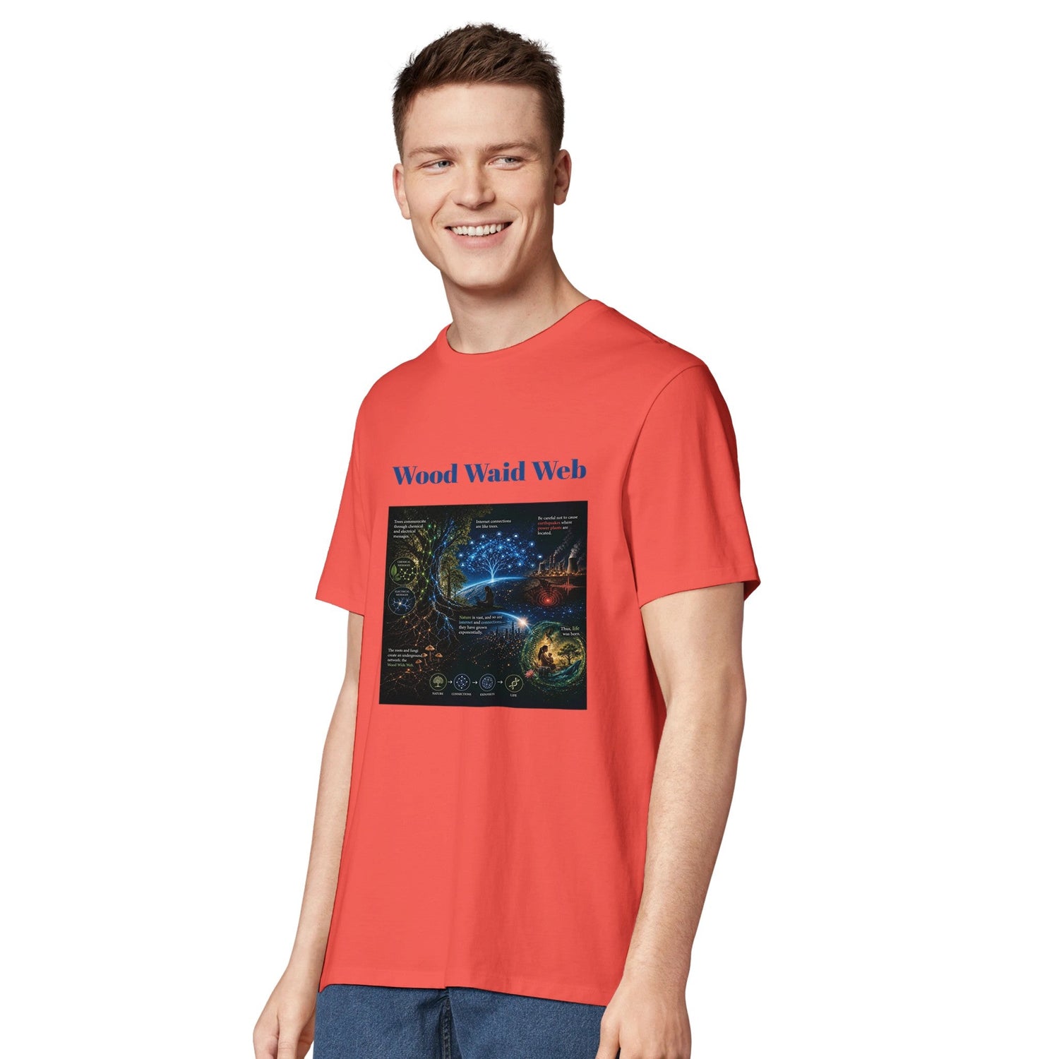 Unisex Wood Waid Web Connection T-Shirt made from sustainable organic cotton, featuring a printed web design in natural tones.