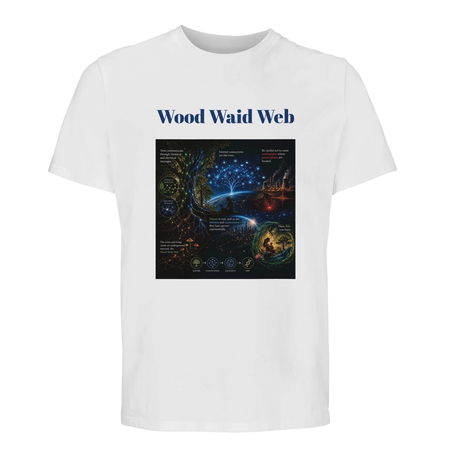 Unisex Wood Waid Web Connection T-Shirt by Kawaii Therapy Shop made of sustainable organic cotton, featuring a printed web design.
