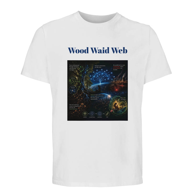 Unisex Wood Waid Web Connection T-Shirt by Kawaii Therapy Shop made of sustainable organic cotton, featuring a printed web design.