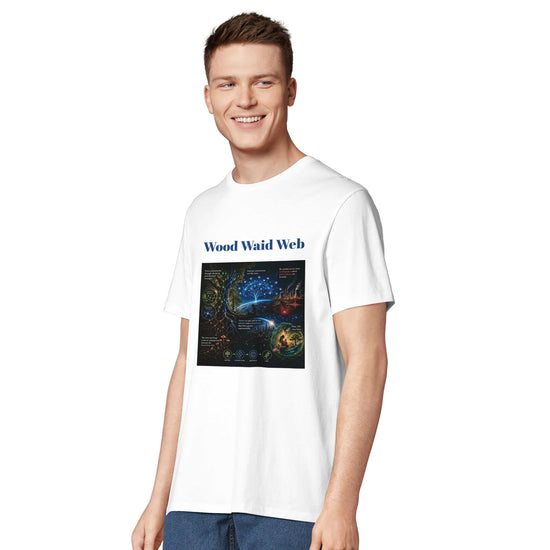 Unisex Wood Waid Web Connection T-shirt made from sustainable organic cotton, featuring a printed design by Kawaii Therapy Shop.