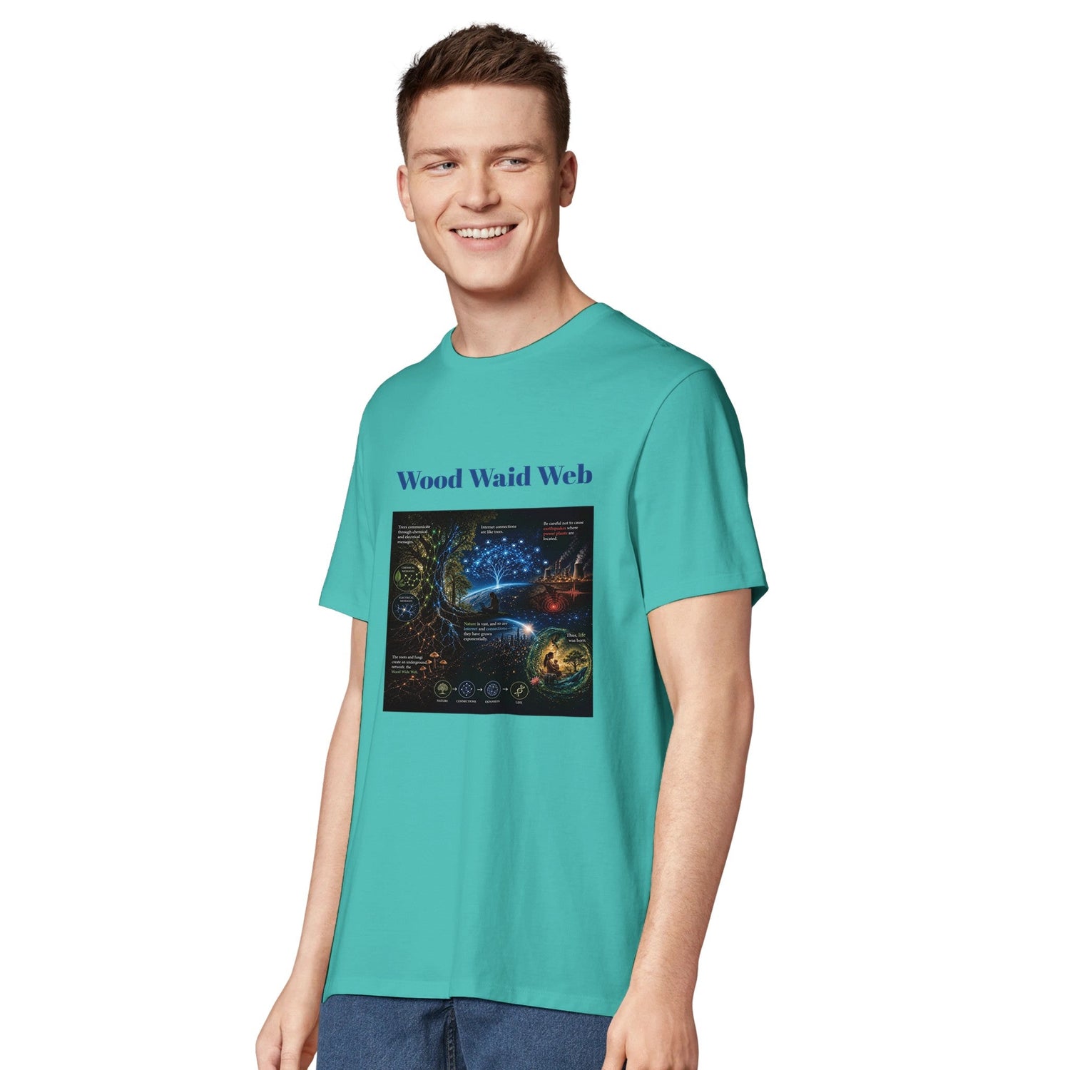 Unisex Wood Waid Web Connection T-Shirt by Kawaii Therapy Shop, sustainable organic cotton with a printed wood web design.