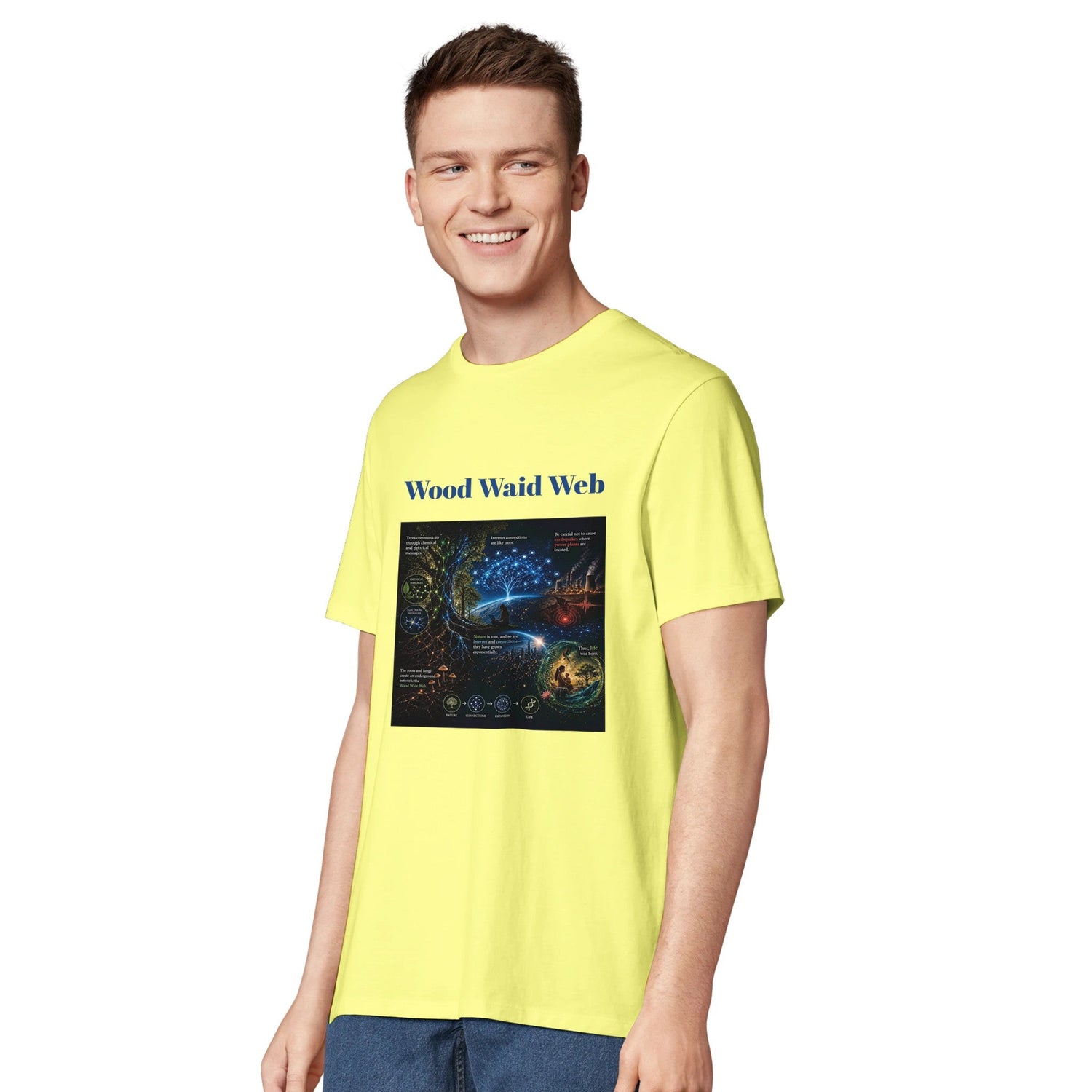 Unisex Wood Waid Web Connection T-Shirt made from sustainable organic cotton, featuring a printed design, by Kawaii Therapy Shop.